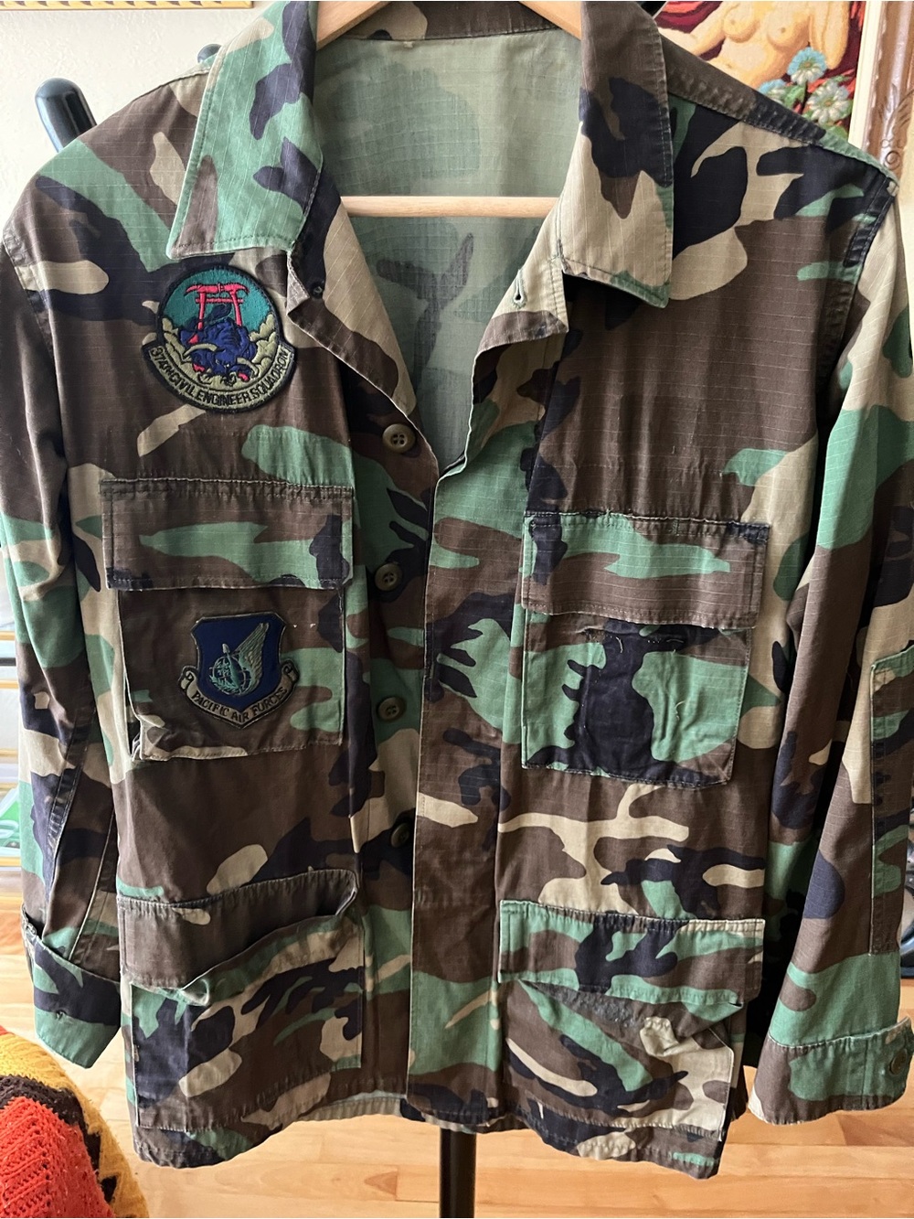 Vintage Woodland Camo Military Jacket with Patches